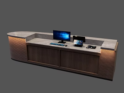 Modern Reception Desk with Wooden Cabinetry Stone Countertop and Computer Monitor 3d model
