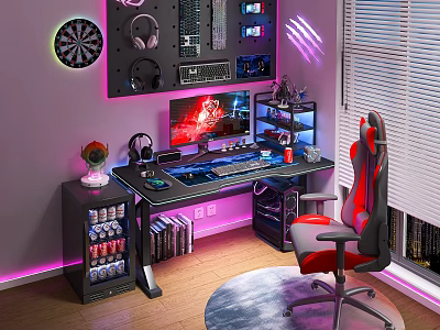 Gaming Desk Setup With Red Gaming Chair Monitor Purple Lights And Shelves 3d model