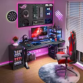 Gaming Desk Setup With Red Gaming Chair Monitor Purple Lights And Shelves
