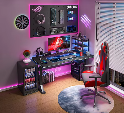 Gaming Desk Setup With Red Gaming Chair Monitor Purple Lights And Shelves 3d model
