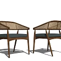 Modern Wooden Dining Chairs With Rattan Armrests And Green Upholstered Seat