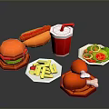 Delicious Fast Food Selection Including Hamburger Hot Dog Fries Chicken Leg Salad And Drink