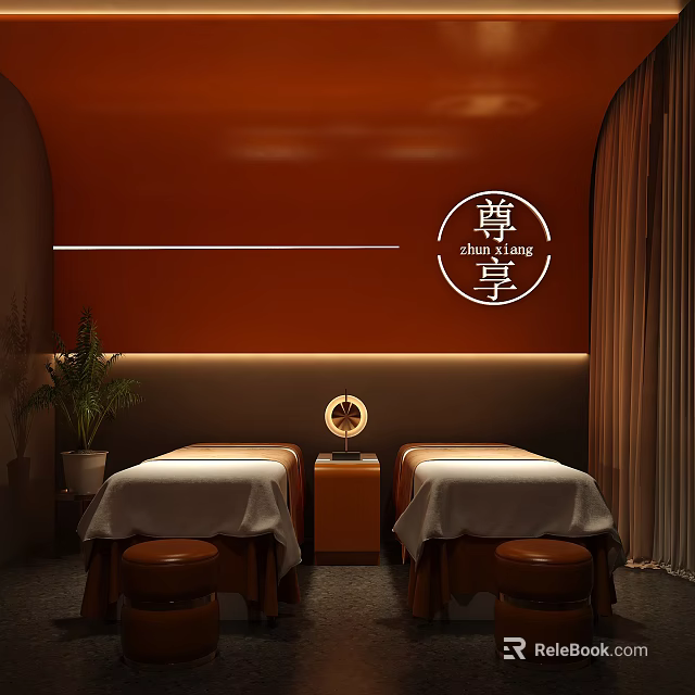 SPA Sauna Relaxing Interior With Two Massage Beds Orange Walls And Ambient Lighting 3d model 