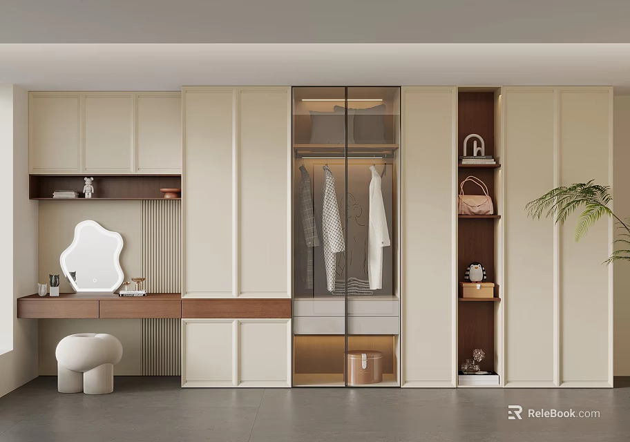 Modern Elegant Walk in Closet Interior With Glass Door Wardrobe Hanging Clothes Dressing Table And Decor 3d model 