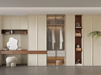 Modern Elegant Walk in Closet Interior With Glass Door Wardrobe Hanging Clothes Dressing Table And Decor 3d model