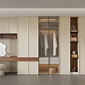 Modern Elegant Walk in Closet Interior With Glass Door Wardrobe Hanging Clothes Dressing Table And Decor