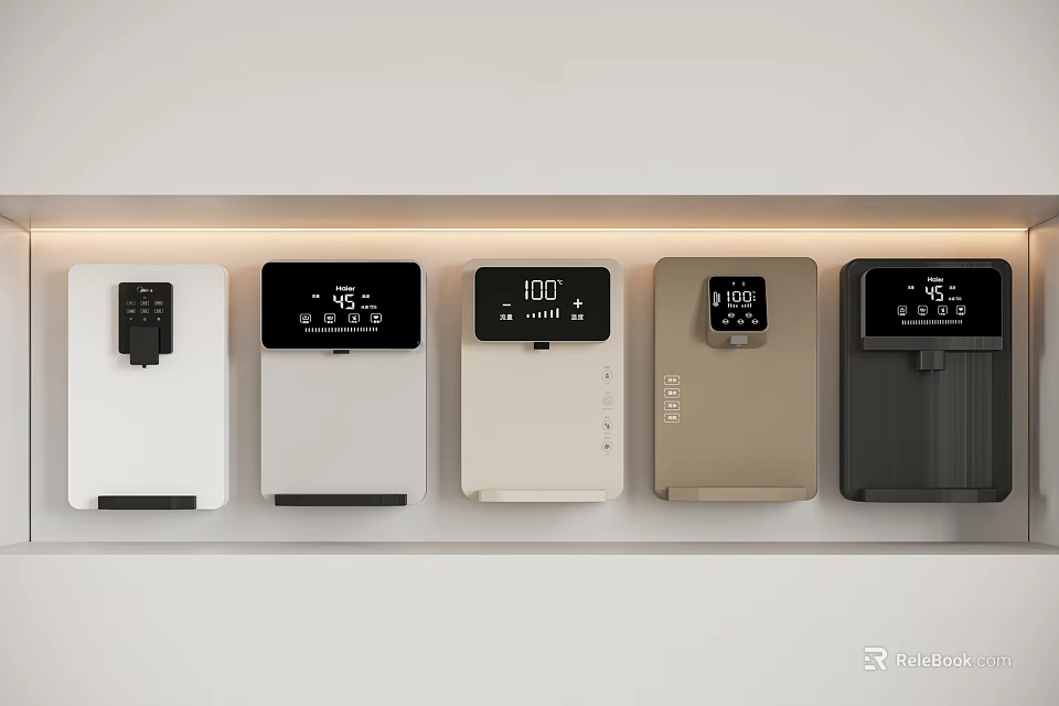 Modern Small Household Appliances In Different Colors With Digital Displays On White Shelf 3d model 