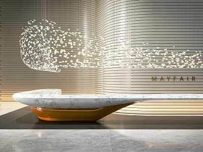 Modern Reception Desk With Marble Countertop Decorative Chandelier And Wooden Panel Wall 3d model