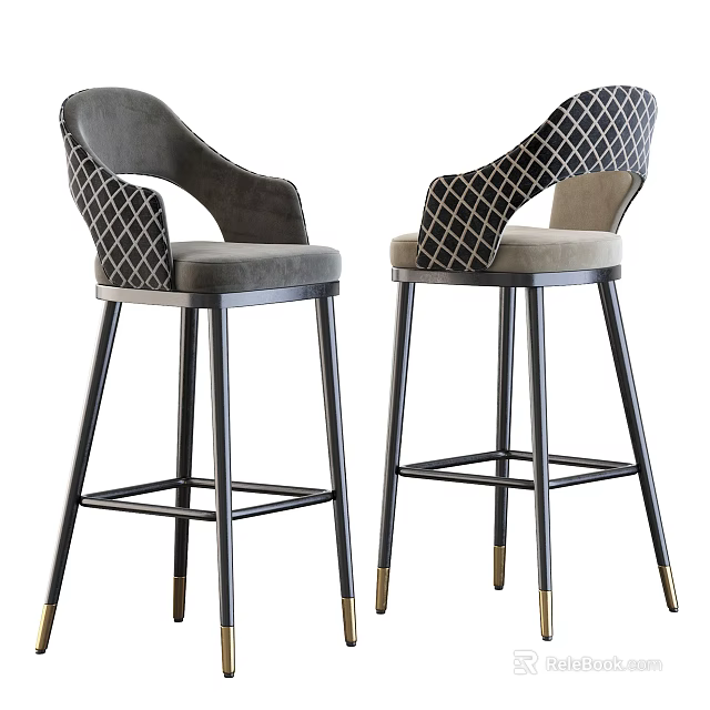 Modern Bar Stools with Gray Upholstered Seats Diamond Pattern Backrests Black Metal Legs Gold Accents 3d model 