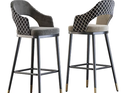 Modern Bar Stools with Gray Upholstered Seats Diamond Pattern Backrests Black Metal Legs Gold Accents 3d model