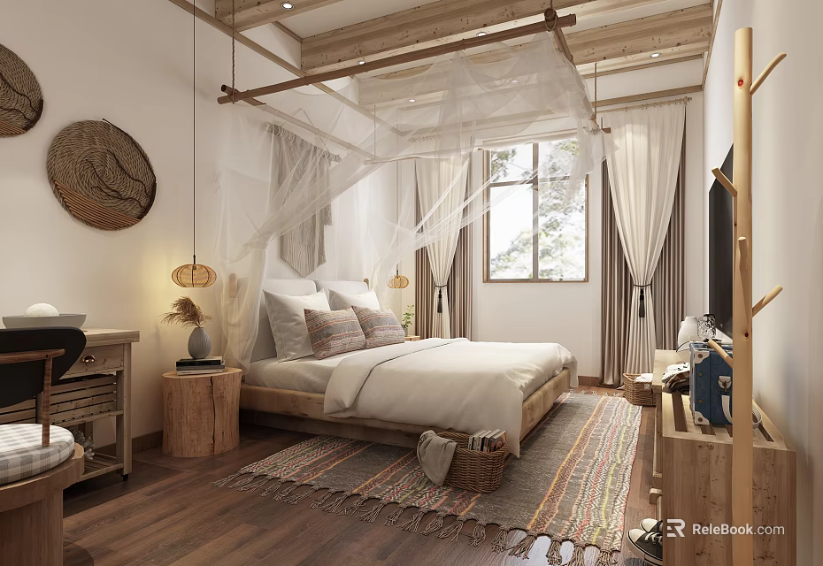 Hotel Guest Room Featuring Wooden Structure White Canopy Bed Window Curtains And Wooden Floor Rug 3d model 