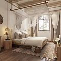 Hotel Guest Room Featuring Wooden Structure White Canopy Bed Window Curtains And Wooden Floor Rug