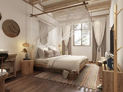 Hotel Guest Room Featuring Wooden Structure White Canopy Bed Window Curtains And Wooden Floor Rug 3d model