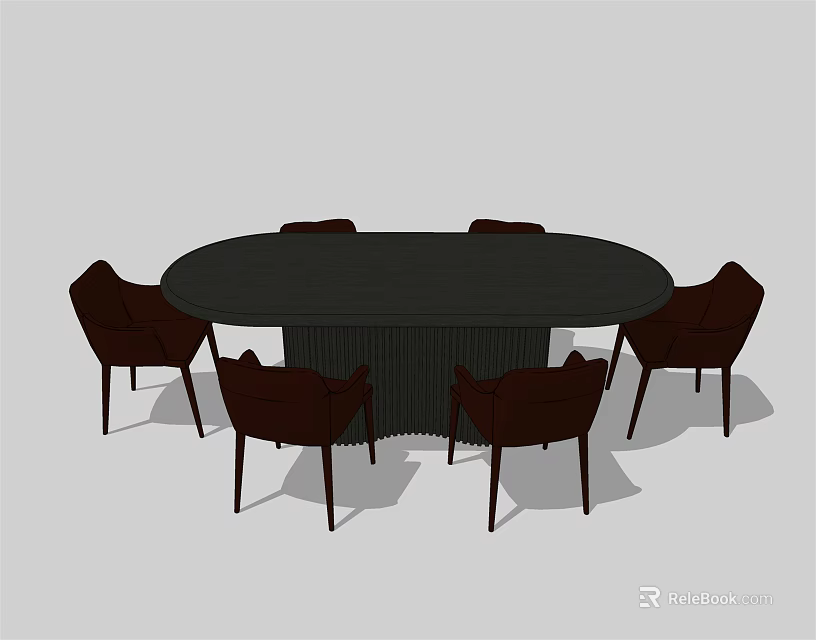 Modern Oval Dining Table Set With Six Dark Brown Chairs For Dining Room 3d model