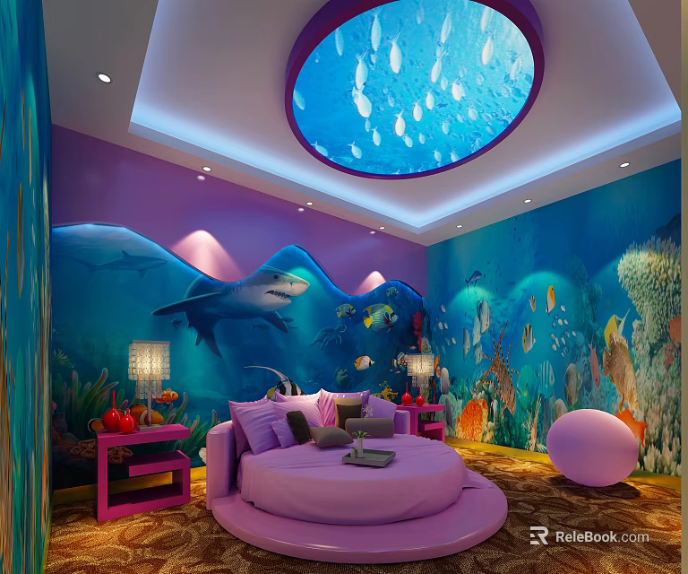 Ocean Theme Hotel Room With Purple Round Bed Marine Murals And Circular Ceiling Light 3d model 
