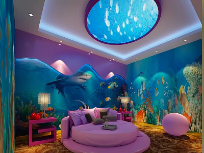 Ocean Theme Hotel Room With Purple Round Bed Marine Murals And Circular Ceiling Light 3d model