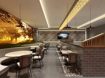 Cozy Restaurant Interior With Brick Wall Wooden Tables Bar Counter Pendant Lights And Natural View 3d model