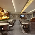 Cozy Restaurant Interior With Brick Wall Wooden Tables Bar Counter Pendant Lights And Natural View