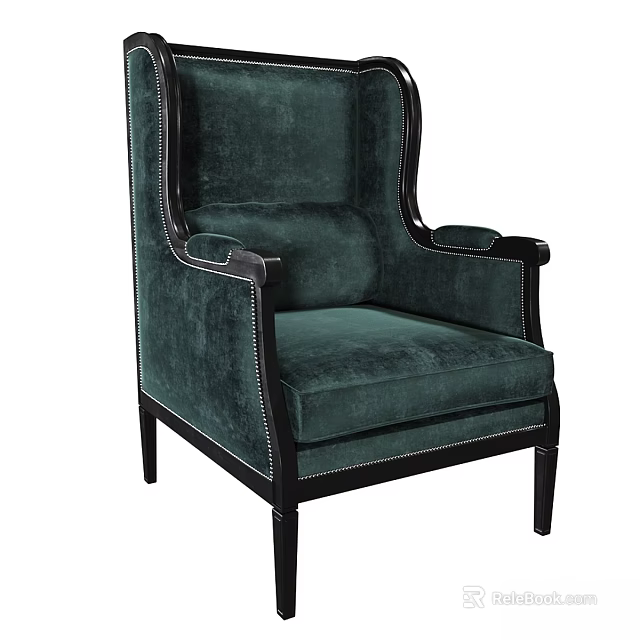 Elegant Emerald Green Velvet Accent Chair With Black Wooden Frame And Nailhead Trim 3d model 
