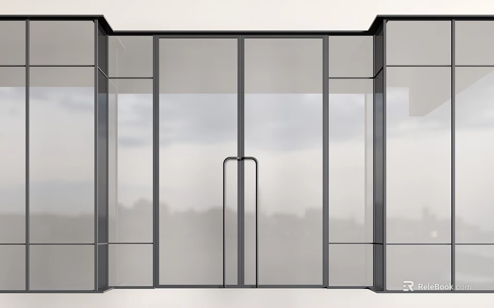 Modern Swing Door Design With Glass Panels And Black Metal Frame For City View 3d model 