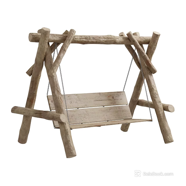 Wooden Swing Chair With Rustic Log Structure 3d model 