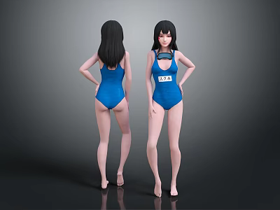 Female Characters in Blue One-Piece Swimsuits Back View and Front View with Number Tag 014 3d model