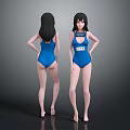 Female Characters in Blue One-Piece Swimsuits Back View and Front View with Number Tag 014