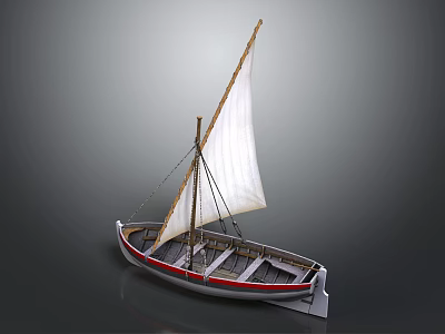 Classic Sailboat Model Featuring White Sail And Red White Wooden Hull Design 3d model