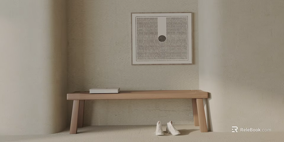 Wooden Bench in Minimalist Interior with Decorative Painting and White Shoes 3d model 
