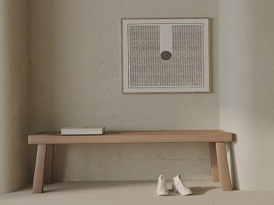 Wooden Bench in Minimalist Interior with Decorative Painting and White Shoes 3d model