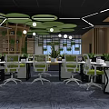 Modern Public Office Space With Green Circular Ceiling Decorations Indoor Plants White Chairs Lounge