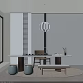 Modern Dining Table Set with Stools Bench and Striped Wall Pendant Light 3d model