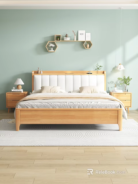 Cozy Wooden Double Bed With White Upholstered Headboard And Nightstands In Light Green Bedroom 3d model 