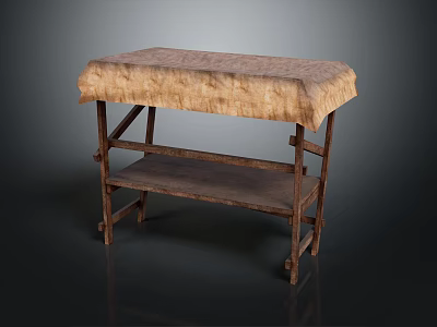 Rustic Wooden Table With Cloth Cover And Lower Shelf For Home Decor 3d model