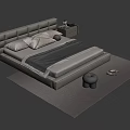 Modern Background Double Bed With Upholstered Headboard White Gray Bedding Nightstand Gray Rug Slippers Stool