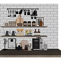 Organized Kitchen Shelves Displaying Various Kitchenware With Hanging Utensils Cutting Board And Coffee Machine
