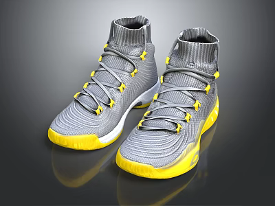 High Top Gray Knit Shoes With Yellow Accents And Sporty Design For Casual Wear 3d model