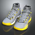 High Top Gray Knit Shoes With Yellow Accents And Sporty Design For Casual Wear
