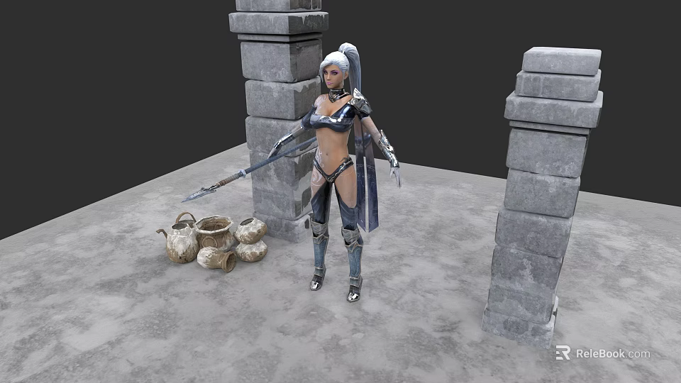 Woman in Armor Holding Spear Standing Between Stone Pillars with Clay Pots on Gray Ground 3d model 