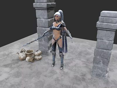 Woman in Armor Holding Spear Standing Between Stone Pillars with Clay Pots on Gray Ground 3d model