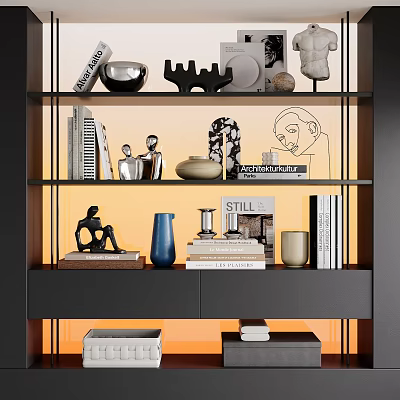 Modern Minimalist Decorative Ornament Set On Multi Tier Shelving Unit With Sculptures Vases And Books 3d model