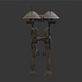 Two Robot Characters With Hat Like Heads Wooden Bodies Antennas And Weapons