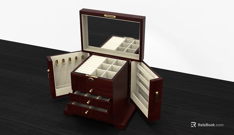 Open Dark Brown Wooden Jewelry Box With Compartments Drawers And Mirror Lining 3d model 