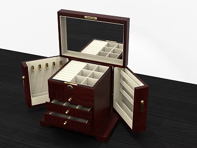 Open Dark Brown Wooden Jewelry Box With Compartments Drawers And Mirror Lining 3d model