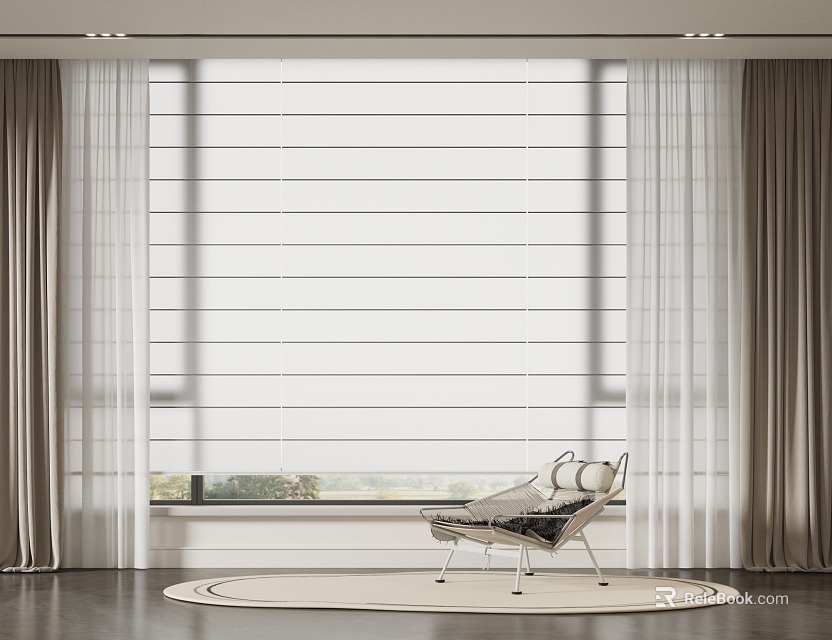 Modern Living Room With Roman Blinds And Sheer Curtains 3d model 