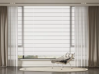 Modern Living Room With Roman Blinds And Sheer Curtains 3d model