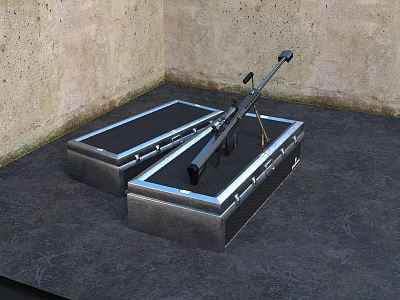 Tactical Rifle Resting On Black Metal Storage Cases In Stone Wall Corner 3d model