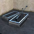 Tactical Rifle Resting On Black Metal Storage Cases In Stone Wall Corner
