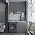 Home Balcony With Washing Machine Grey Cabinets Marble Wall Near Window With Blinds