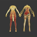 Two Different Character Costume Styles With White Top Red Pants And Red Dress Details